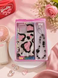 Zyntra™ Romantic Pink Cow Print Clear Case with Beaded Heart Charm Strap for iPhone
