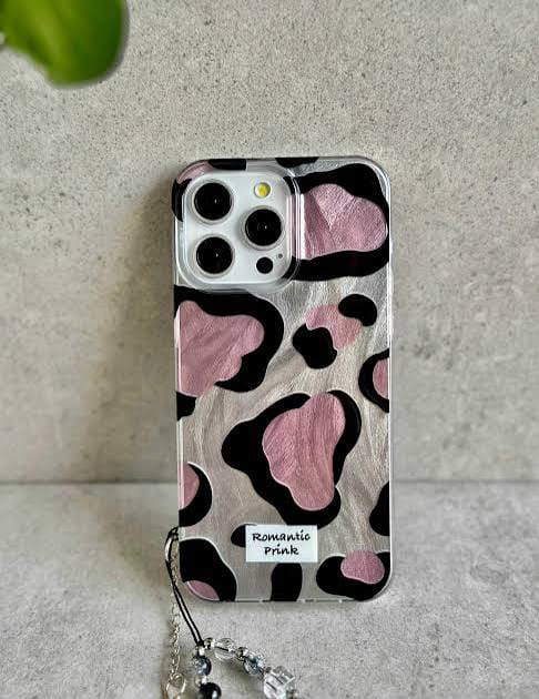Zyntra™ Romantic Pink Cow Print Clear Case with Beaded Heart Charm Strap for iPhone