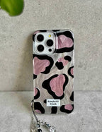Zyntra™ Romantic Pink Cow Print Clear Case with Beaded Heart Charm Strap for iPhone