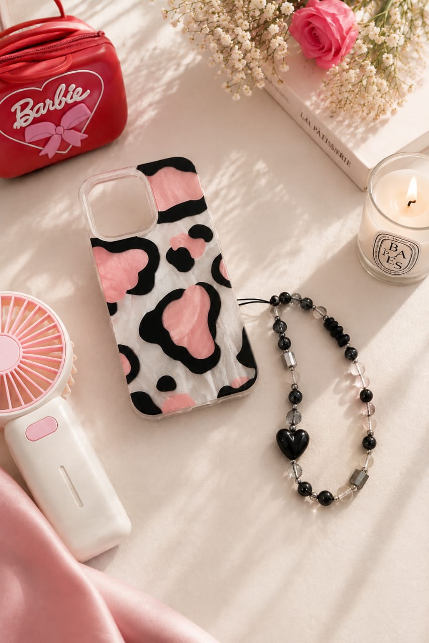 Zyntra™ Romantic Pink Cow Print Clear Case with Beaded Heart Charm Strap for iPhone