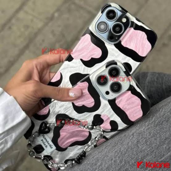 Zyntra™ Romantic Pink Cow Print Clear Case with Beaded Heart Charm Strap for iPhone