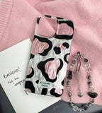 Zyntra™ Romantic Pink Cow Print Clear Case with Beaded Heart Charm Strap for iPhone