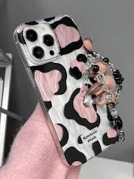 Zyntra™ Romantic Pink Cow Print Clear Case with Beaded Heart Charm Strap for iPhone