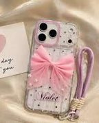 Zyntra™ Coquette 3D Tulle Bow Pearl Clear Case with Wrist Lanyard for iPhone