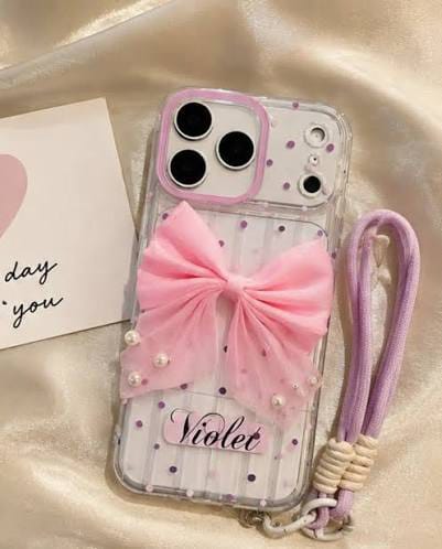Zyntra™ Coquette 3D Tulle Bow Pearl Clear Case with Wrist Lanyard for iPhone