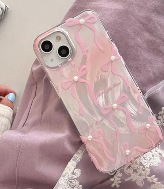 Zyntra™ Coquette Pink Bow Ribbon Pearl Case for iPhone - Aesthetic Soft Clear Cover