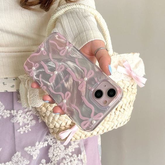 Zyntra™ Coquette Pink Bow Ribbon Pearl Case for iPhone - Aesthetic Soft Clear Cover