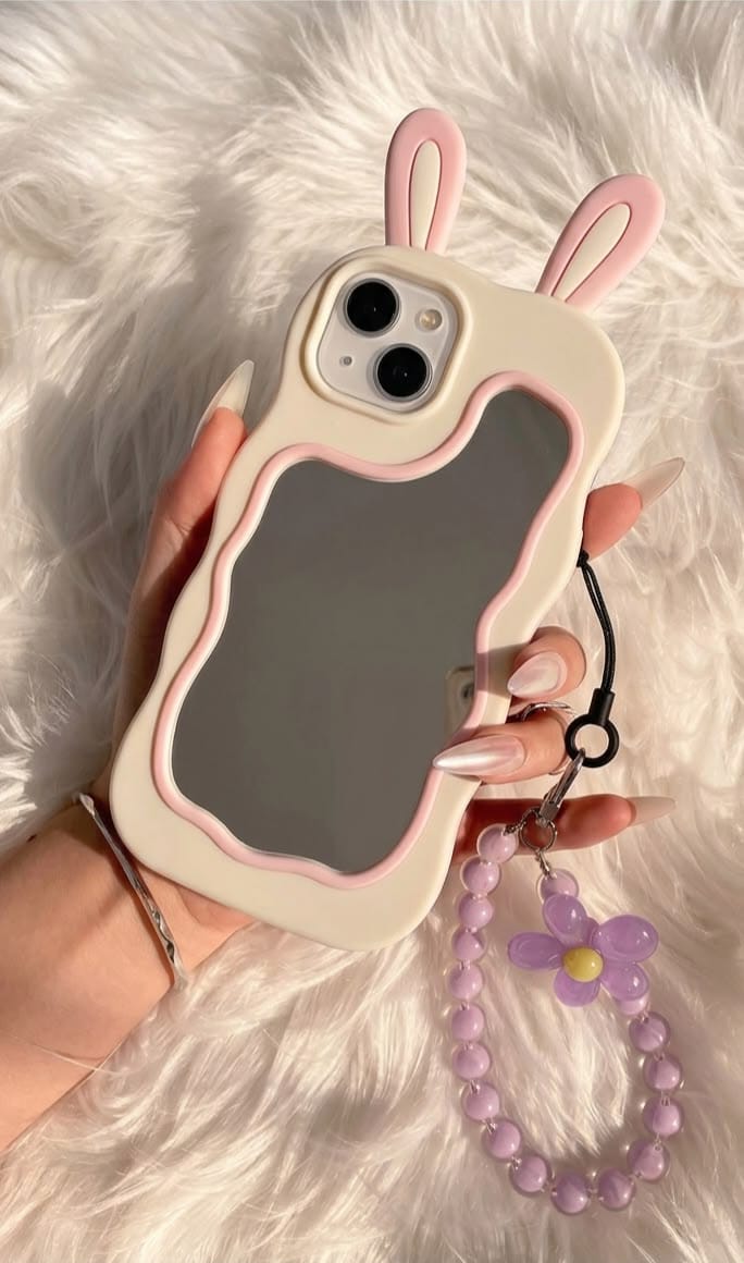 Zyntra™ Cute 3D Bunny Ear Wavy Makeup Mirror Silicone Case for iPhone