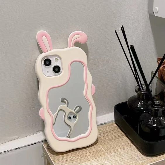 Zyntra™ Cute 3D Bunny Ear Wavy Makeup Mirror Silicone Case for iPhone