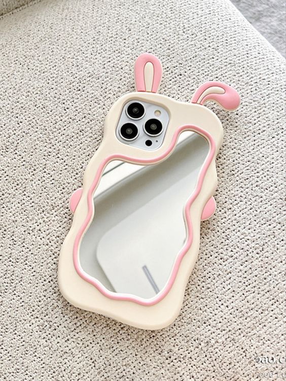 Zyntra™ Cute 3D Bunny Ear Wavy Makeup Mirror Silicone Case for iPhone