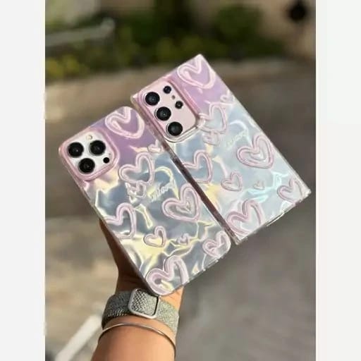 Zyntra™ Holographic Laser Pink Hearts 3D Relief Clear Case for iPhone