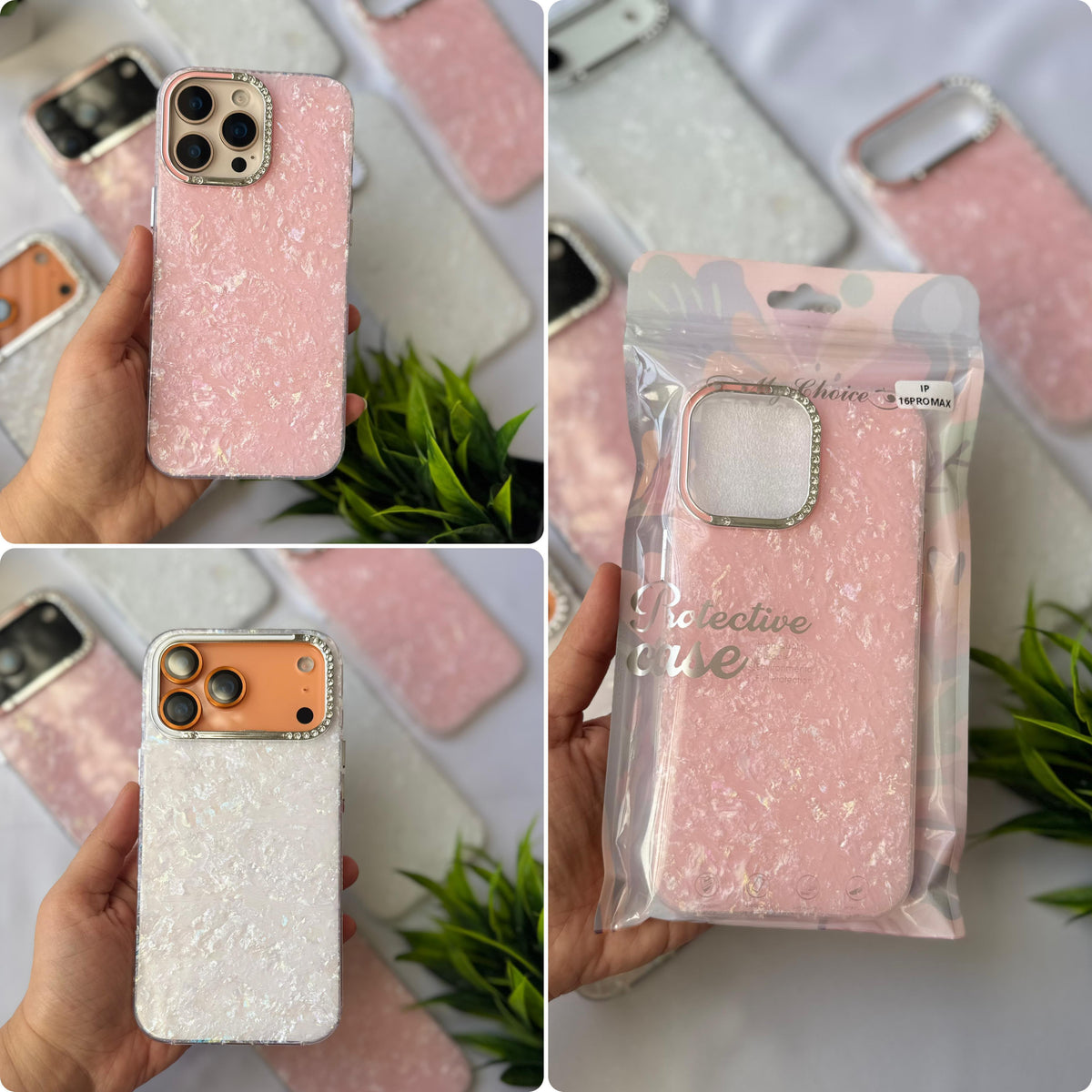 Zyntra™ Luxury Pearl Shell Texture Rhinestone Camera Ring Case for iPhone