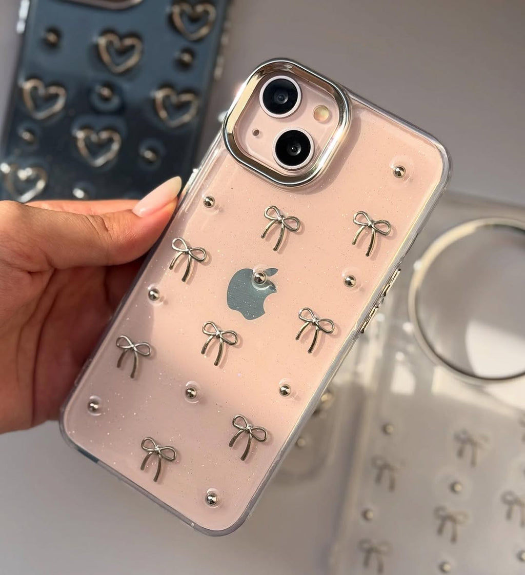 Zyntra™ Coquette 3D Silver Bows & Studded Beads Clear Glitter Case for iPhone